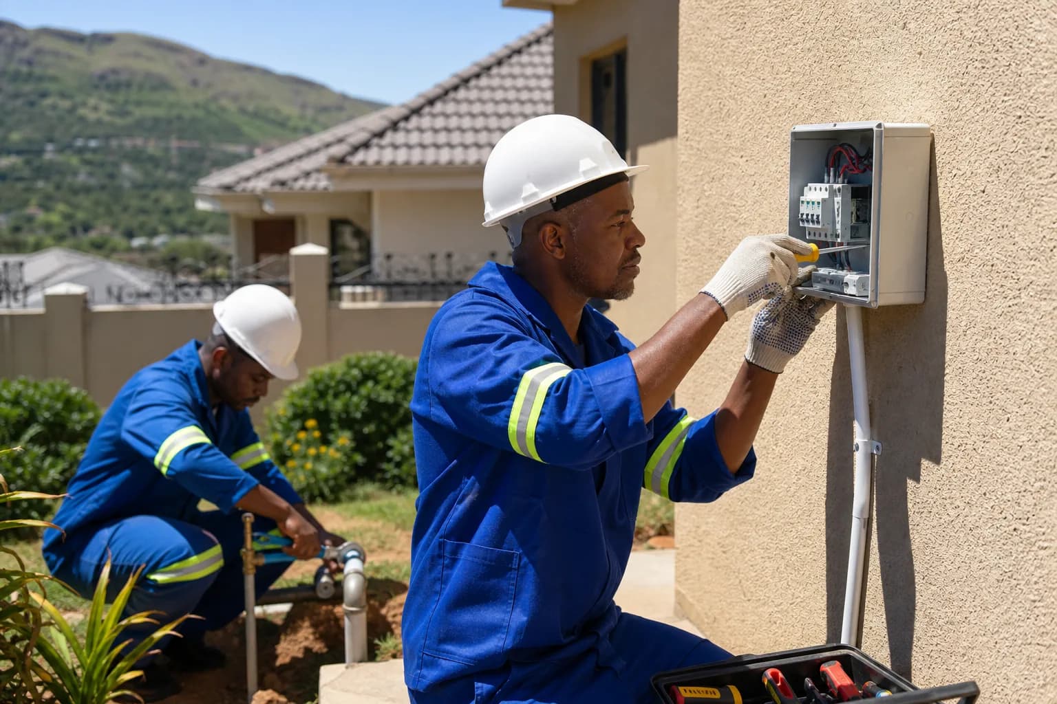Trades professionals at a suburban Mbabane home under a clear blue midday sky